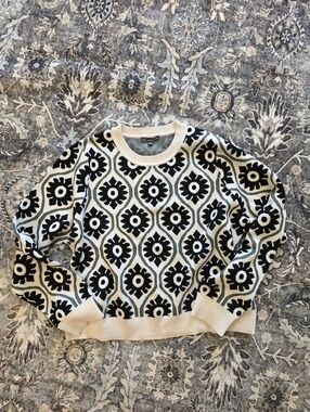 Adrianna Papell Cream and Black Patterned Crewneck Sweater